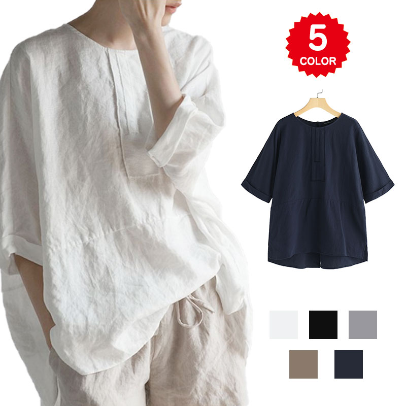 リネン ワンピース トップス ブラウス 半袖 5分袖 夏 春 秋 tシャツ レディース チュニック ゆったり かわいい 麻 プルオーバー 大きいサイズ オーバーサイズ 涼しい おしゃ ビッグシルエット